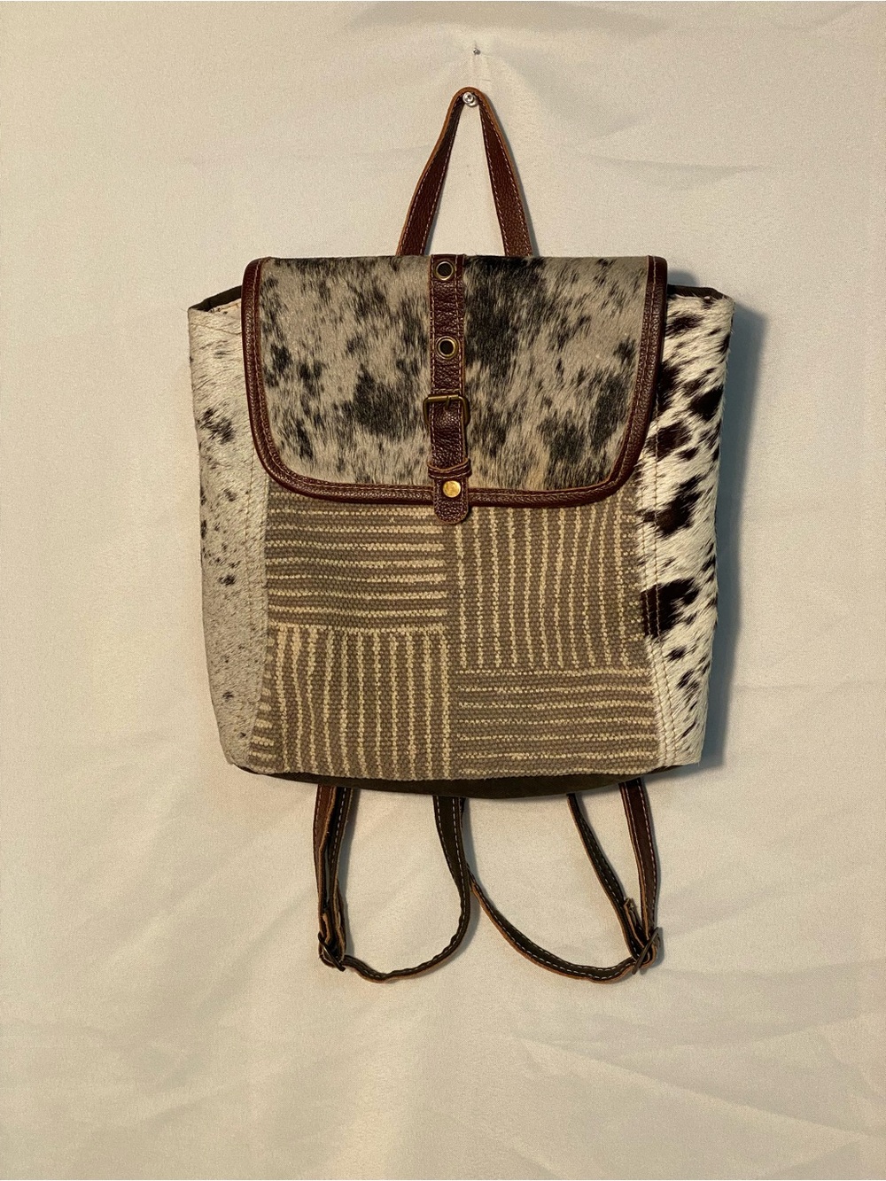 Myra Bags Cowhide Patchwork Brown & White Backpack - Women's Bag